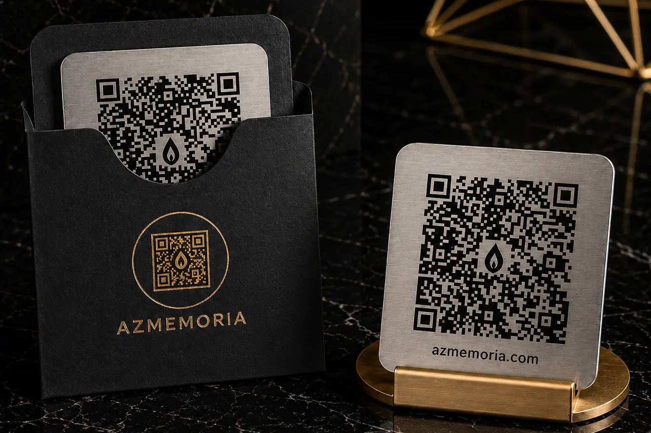 Qara AZMEMORIA zərfi və paslanmayan polad QR lövhə