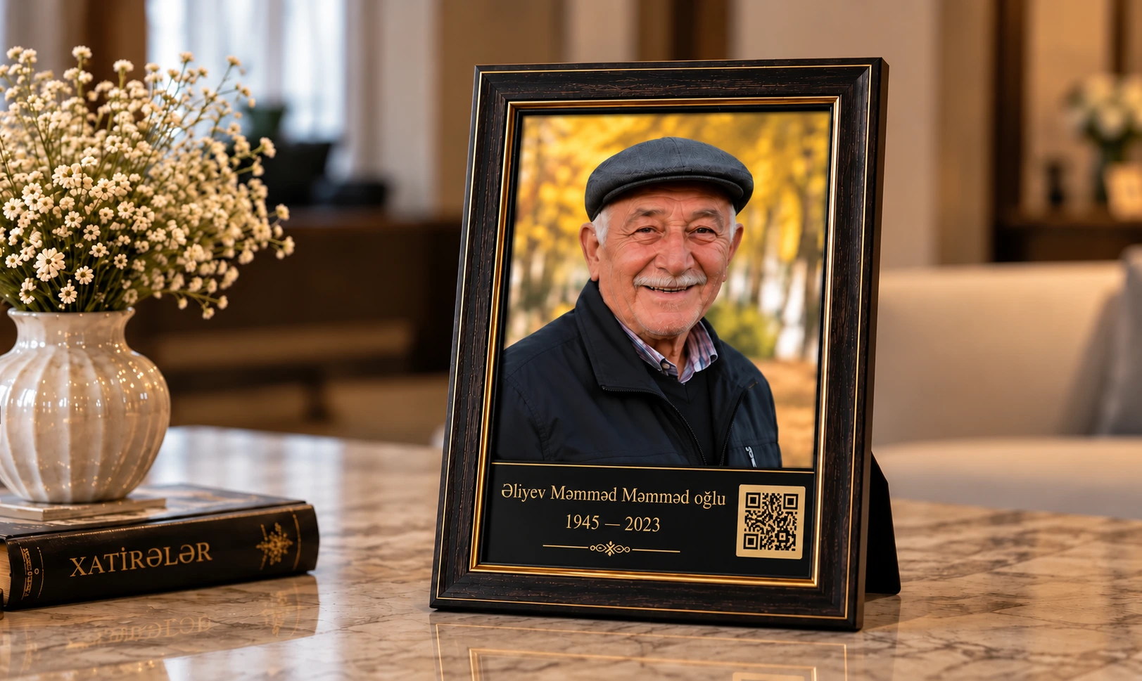 Portret, xatirə tarixləri və QR kodu olan xatirə çərçivəsi